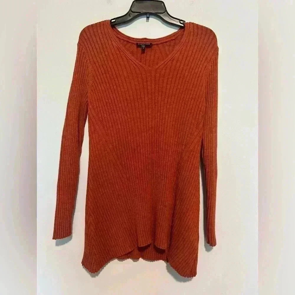 Eileen Fisher Size M Merino Wool Long Sleeve Sweater Ribbed Knit Orange/Red